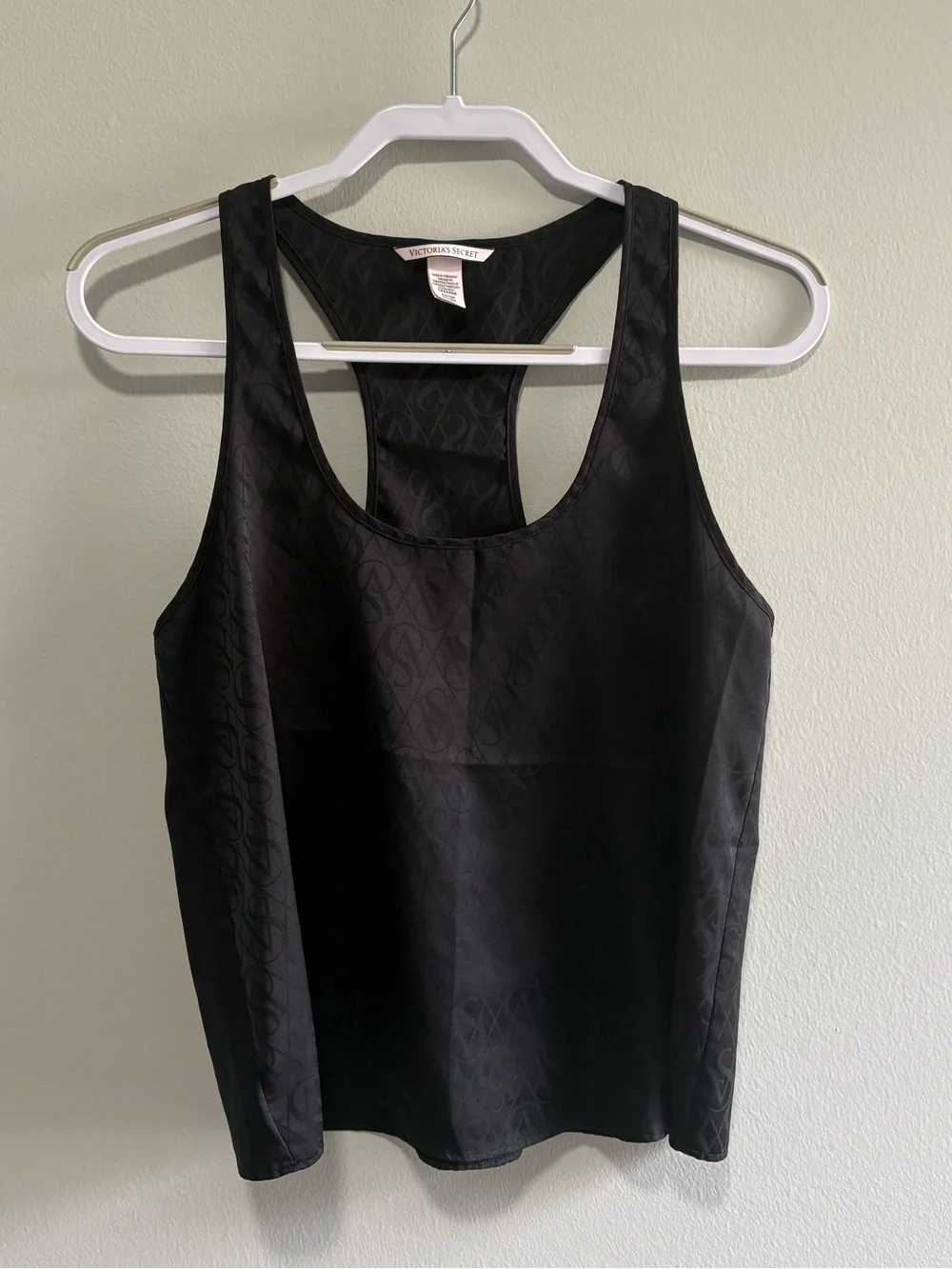Victoria’s Secret Black Satin Jacquard Pajama Set Tank Shorts Small VS Logo